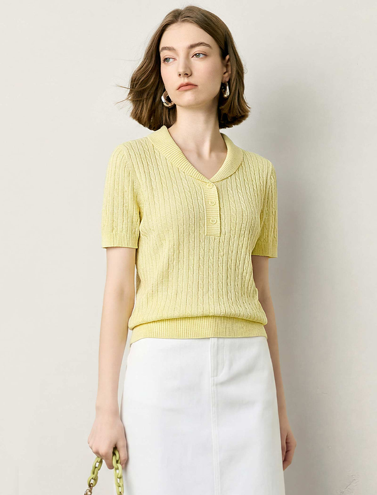 Cable Knit Short-Sleeve Polo Top