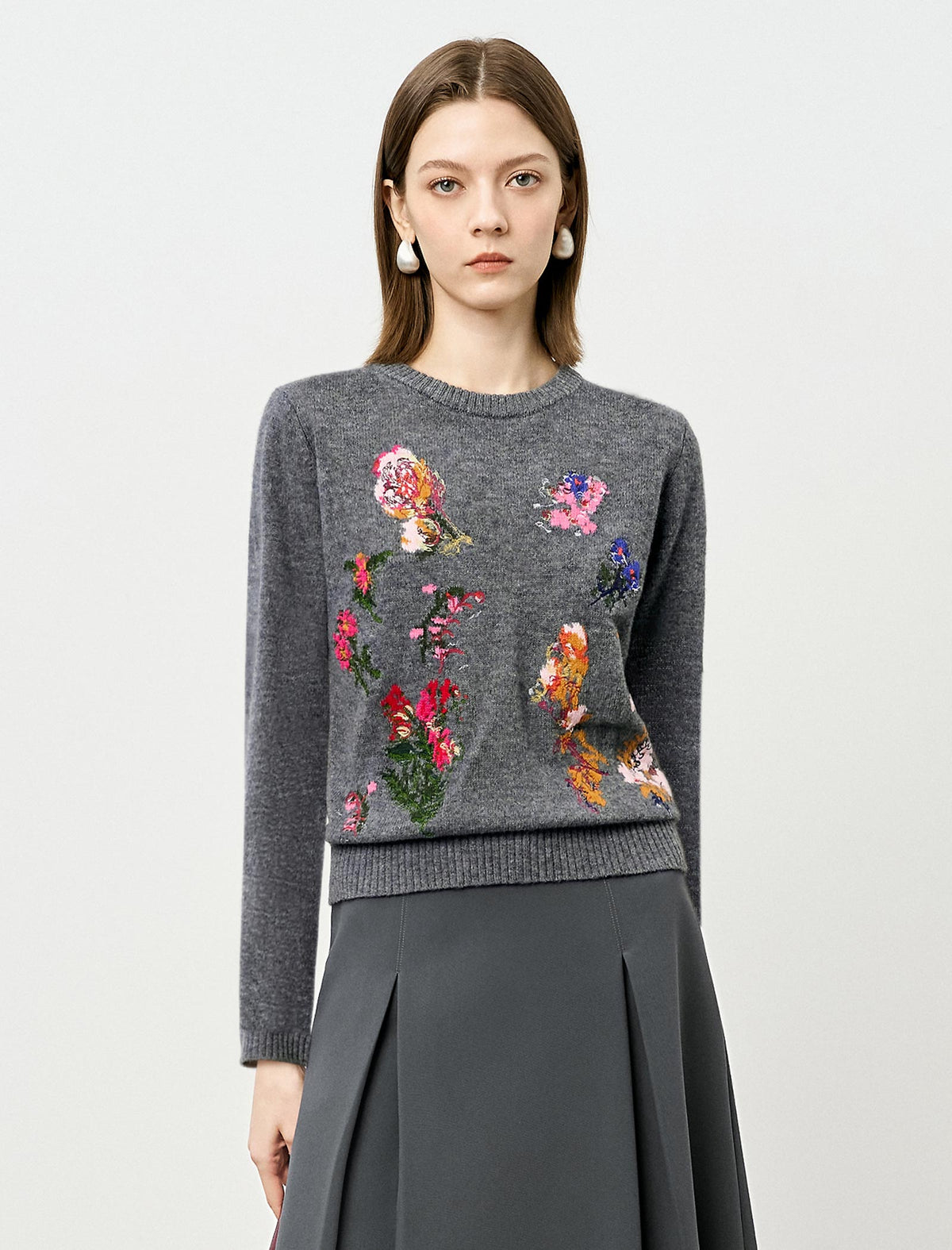 Gray Embroidered Vintage Wool Knit Sweater