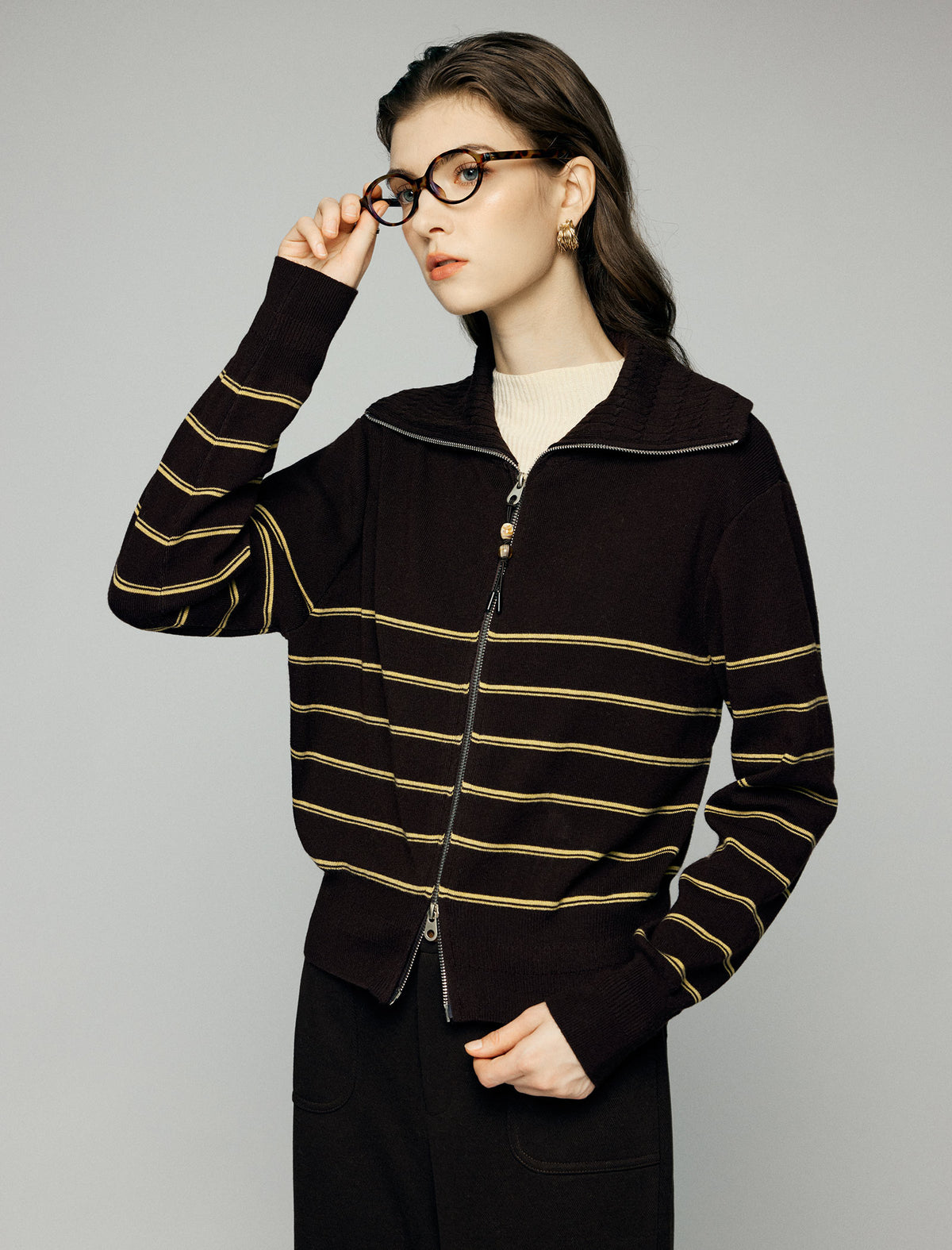 Wool Blend Striped Collared Double-Zip Cardigan