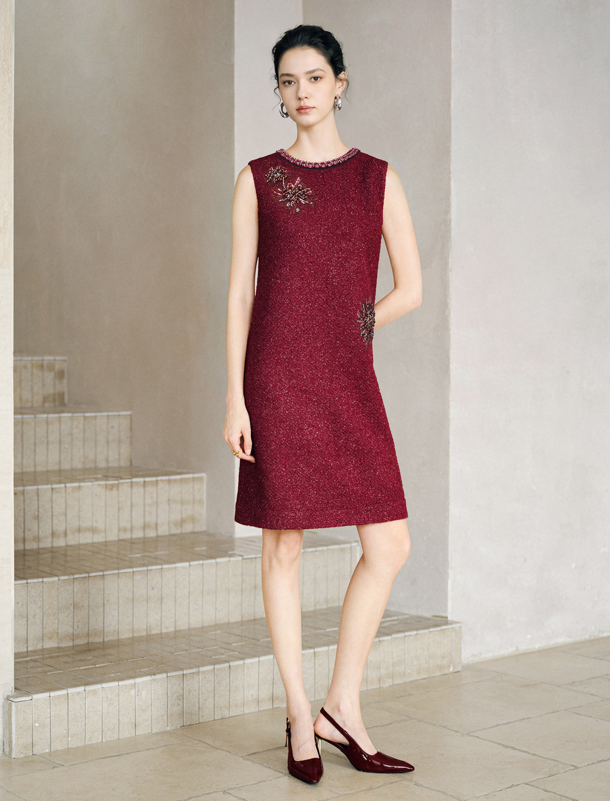 Wool Blend Beaded Floral Applique Crewneck Sleeveless Dress