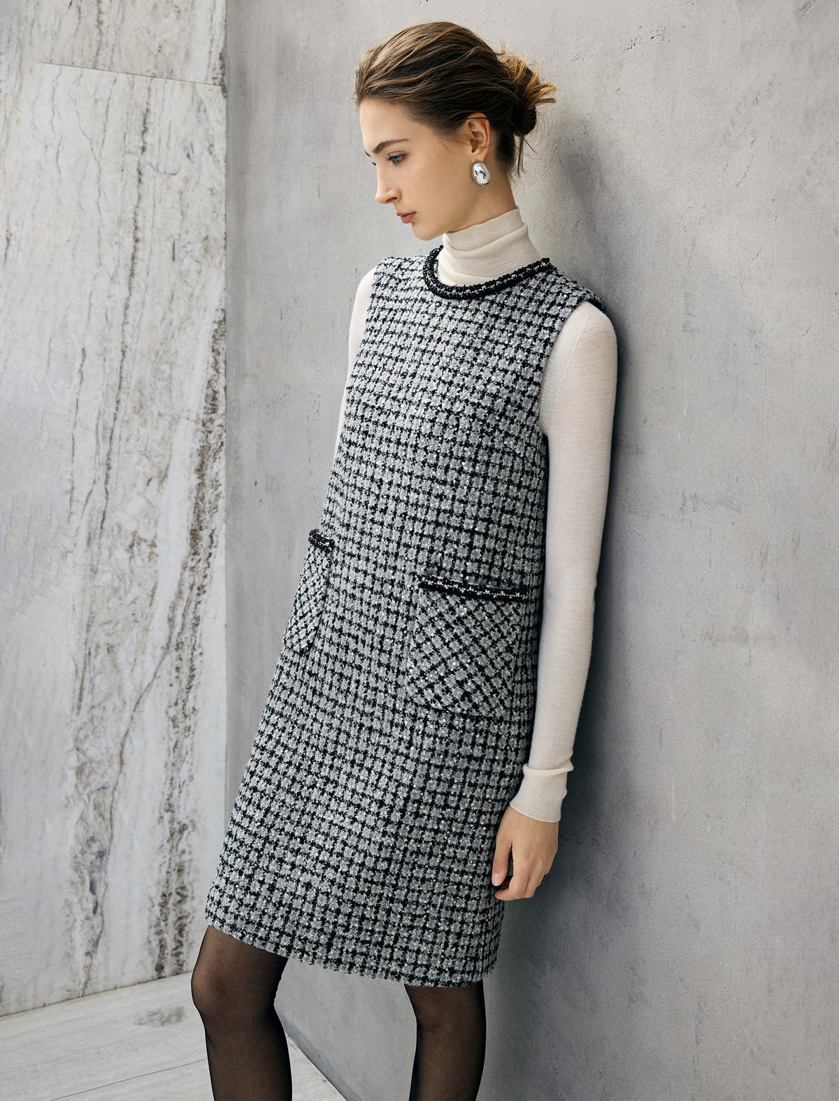 Wool Blend Braided-Trim Crewneck Pocket Sleeveless Dress