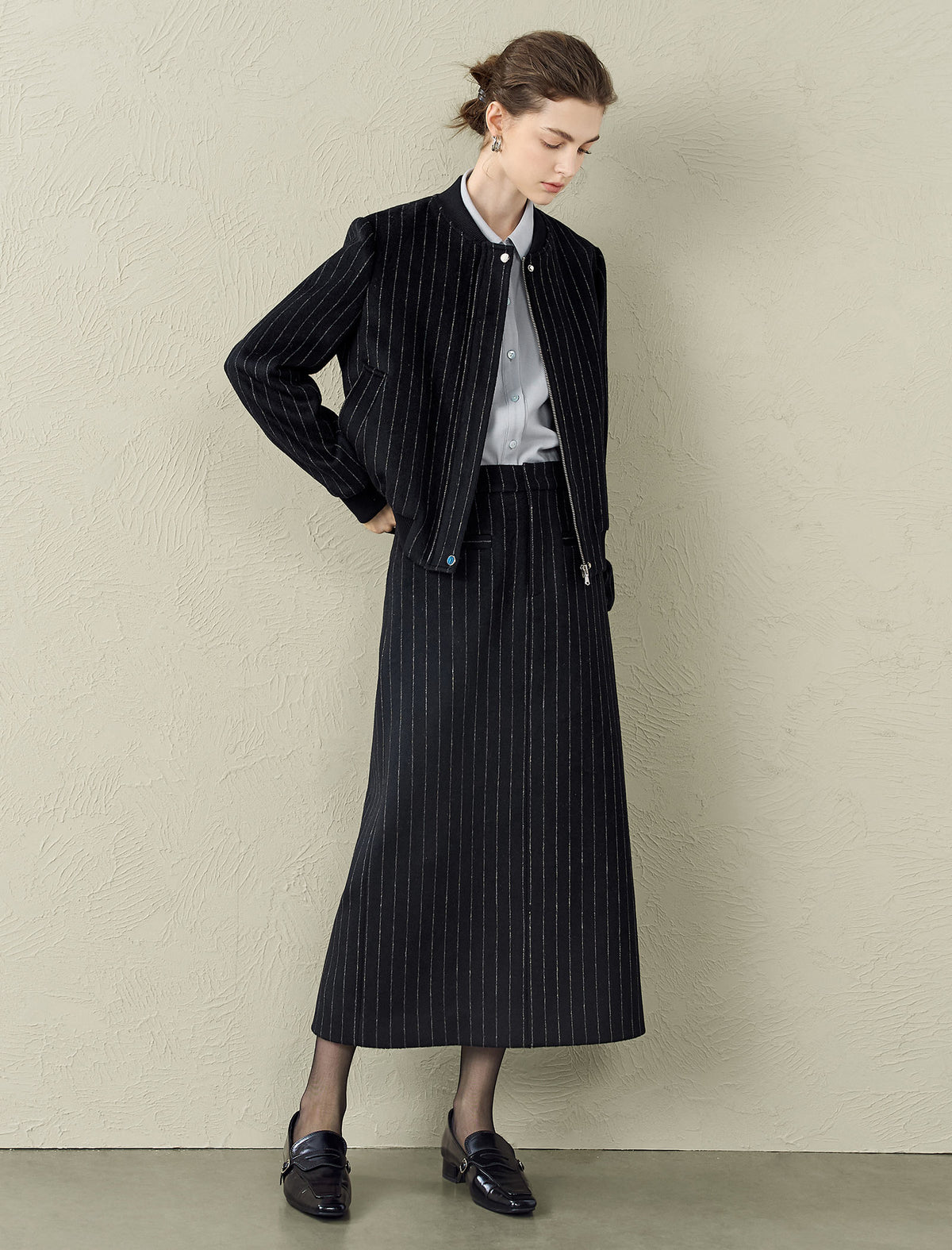 Wool-Blend Black Pinstripe Bomber Jacket