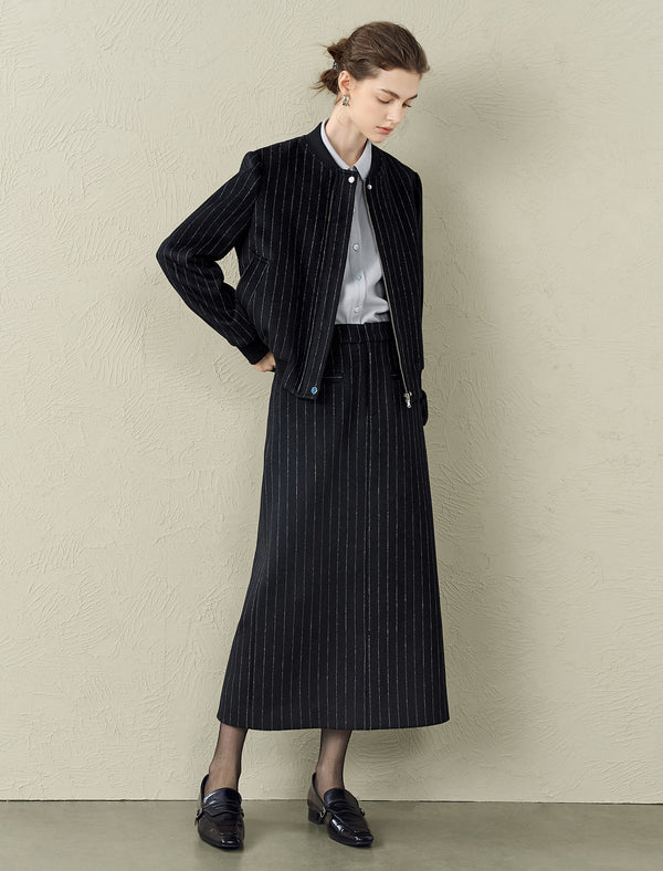 Wool-Blend Black Pinstripe Bomber Jacket