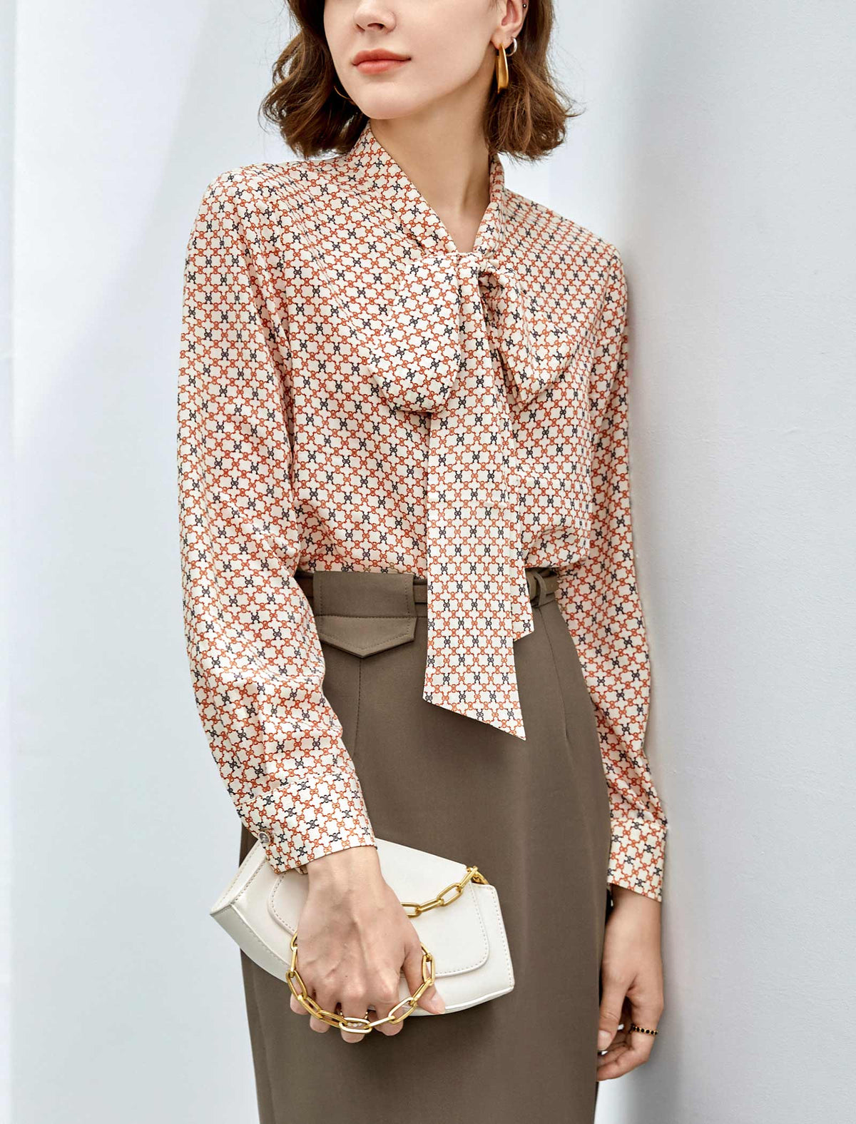 Grid Print Tie Neck Blouse