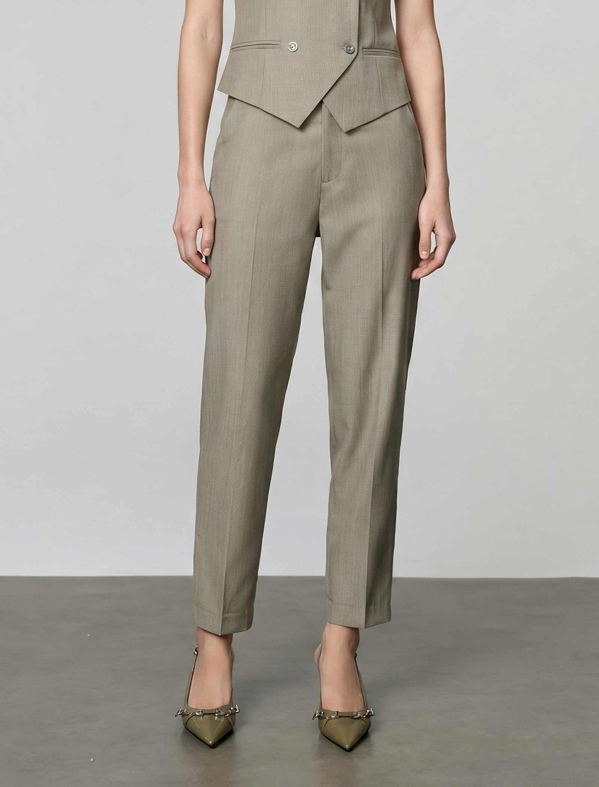 Sage Green Wool High Waist Straight Leg Cropped Office Pants