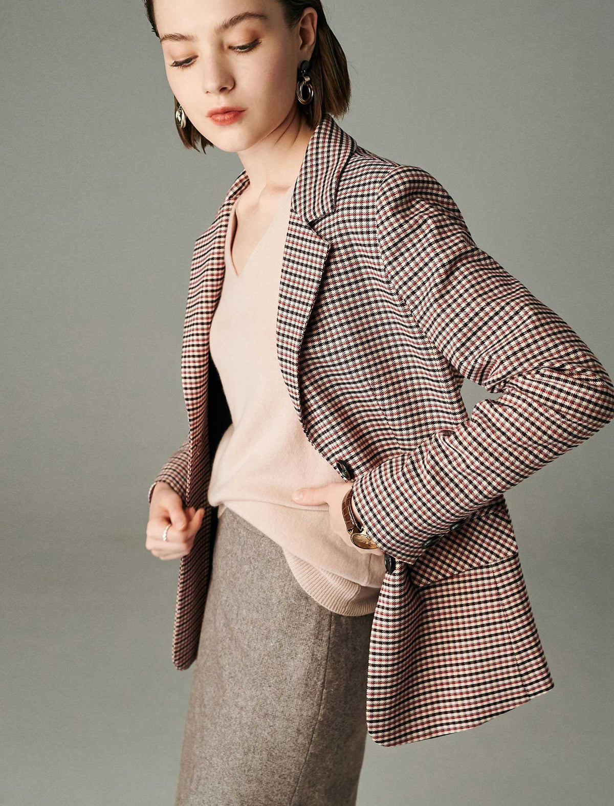 Plaid Button-Front Fitted Blazer
