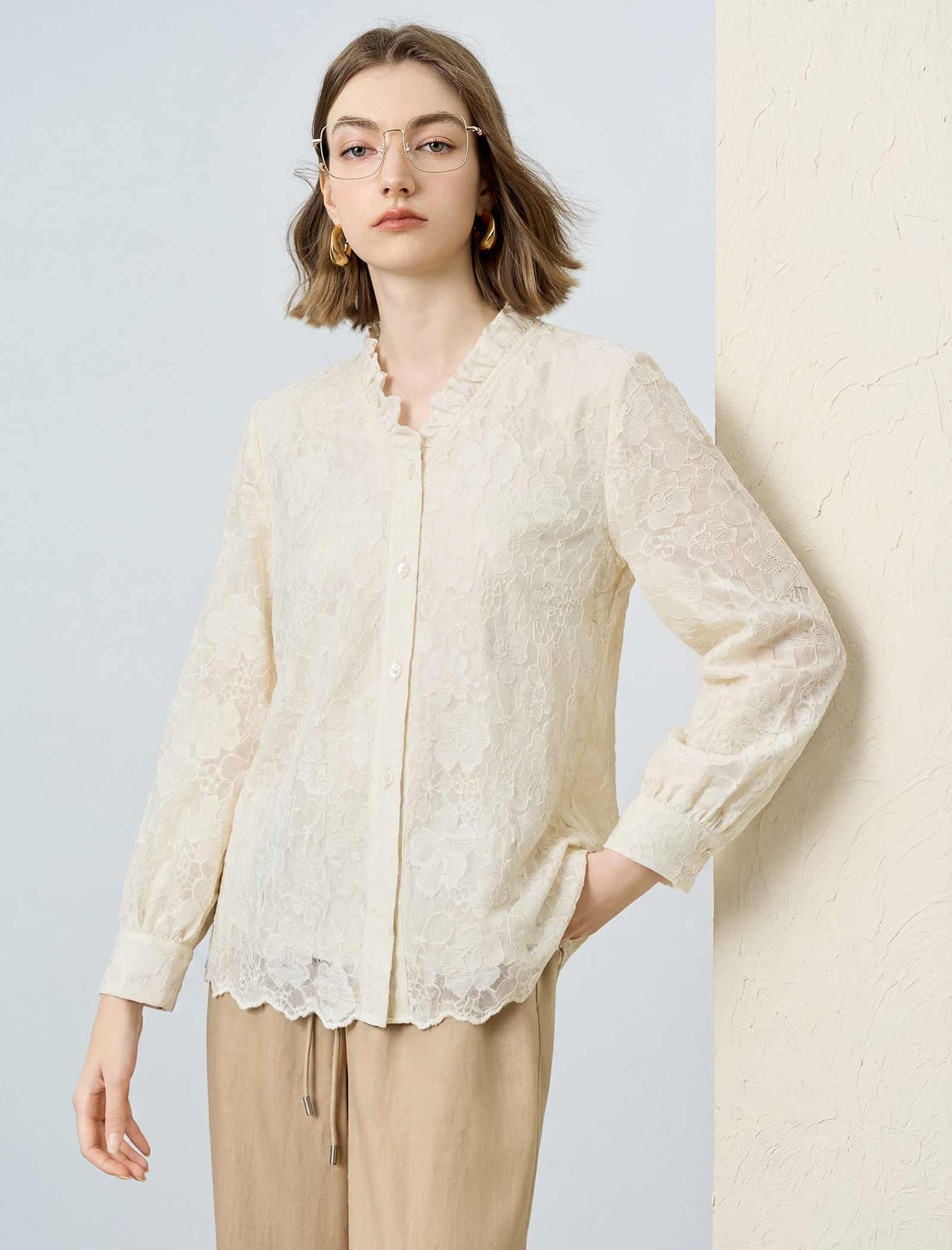 Cream Lace Ruffle Neck Blouse