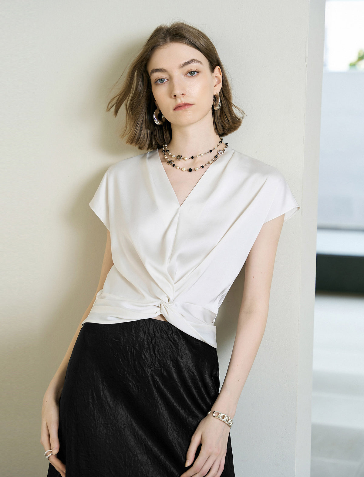 Elegant White V-Neck Twist Front Satin Top