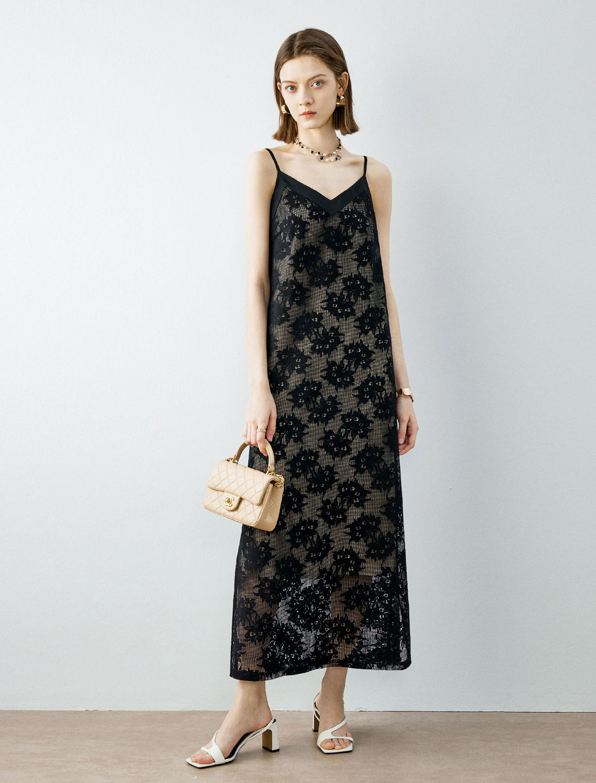 Black Floral Lace Maxi Slip Dress