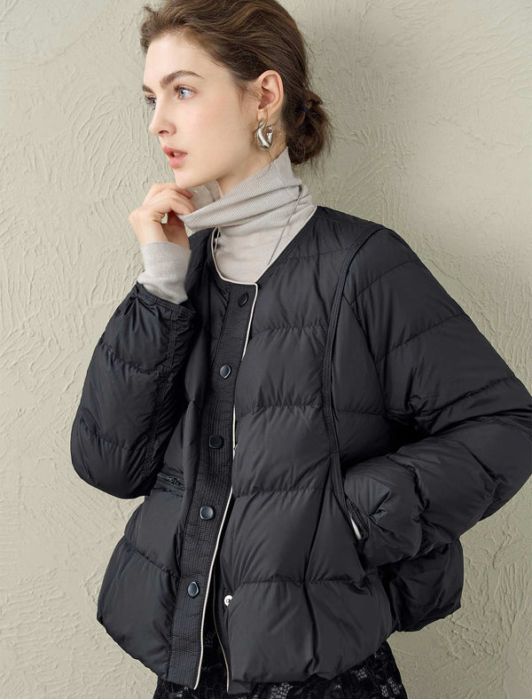 Quilted Contrast Detail Round Neck Down Jacket