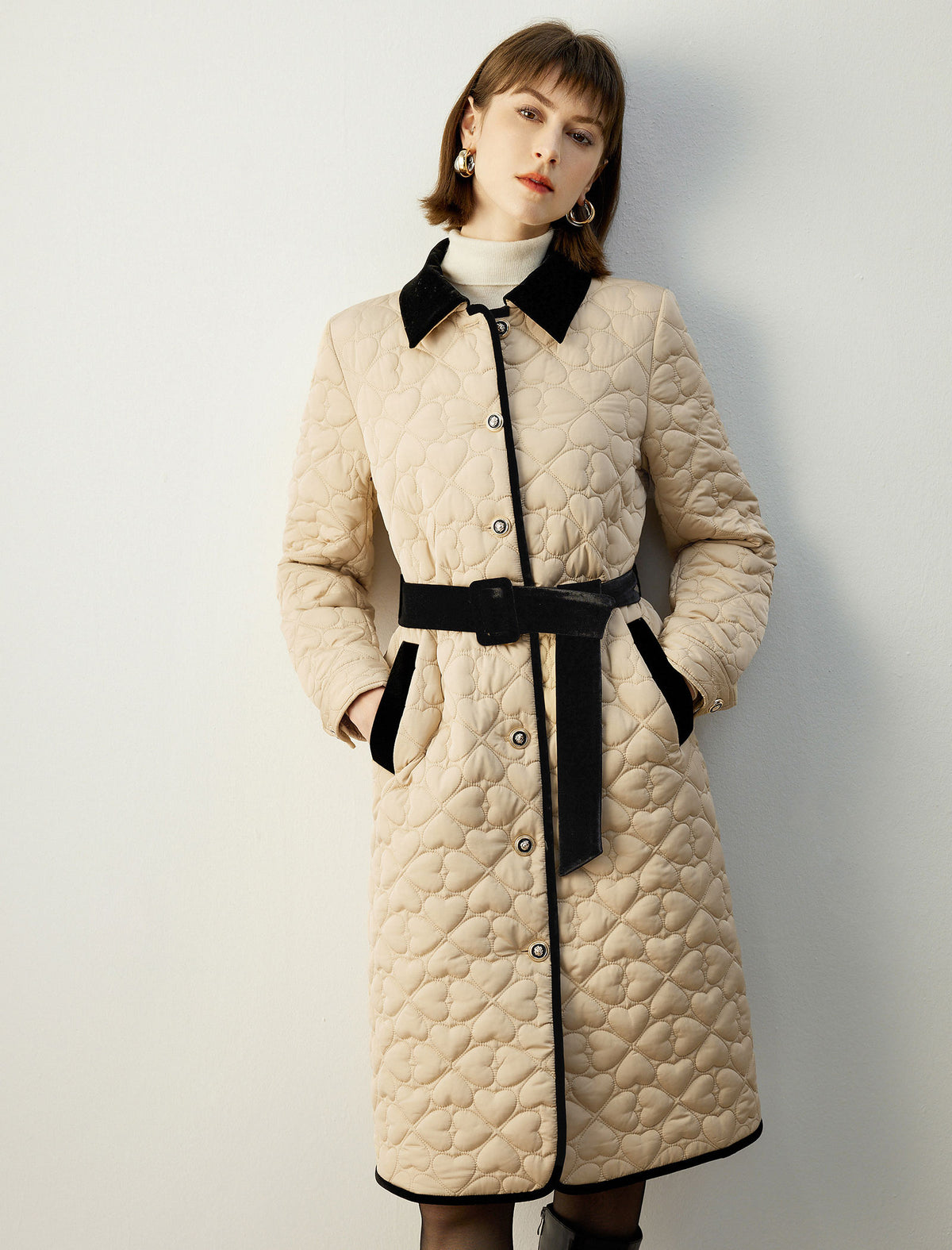 Velvet-Trim Collared Button-Front Belted Quilted Coat