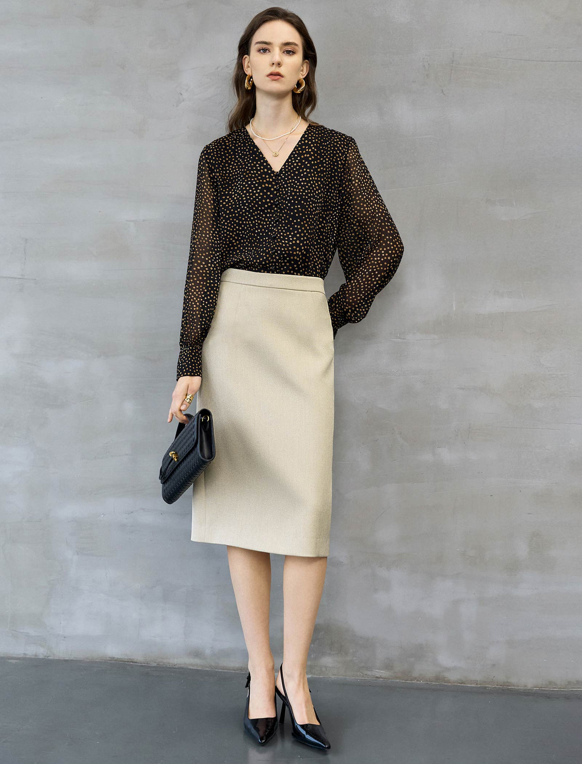 Champagne Textured Midi Pencil Skirt