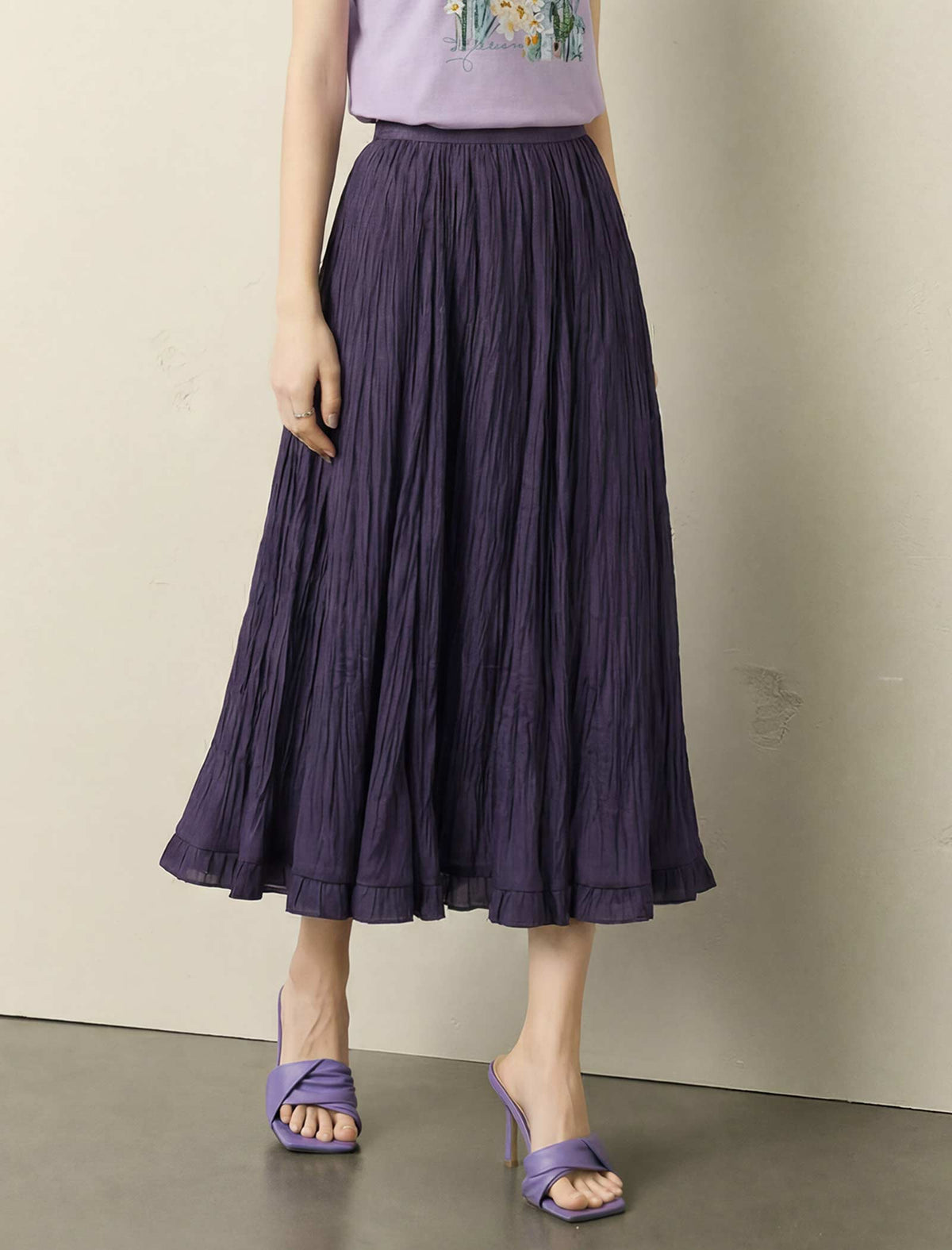 Crinkle Pleated Ruffled Hem Midi Skirt
