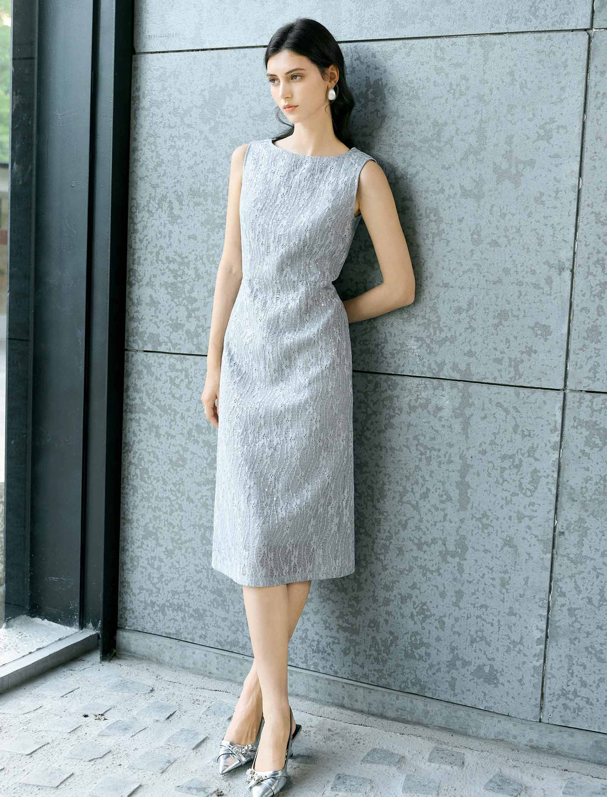 Silver Grey Sequin Jacquard Midi Sheath Dress