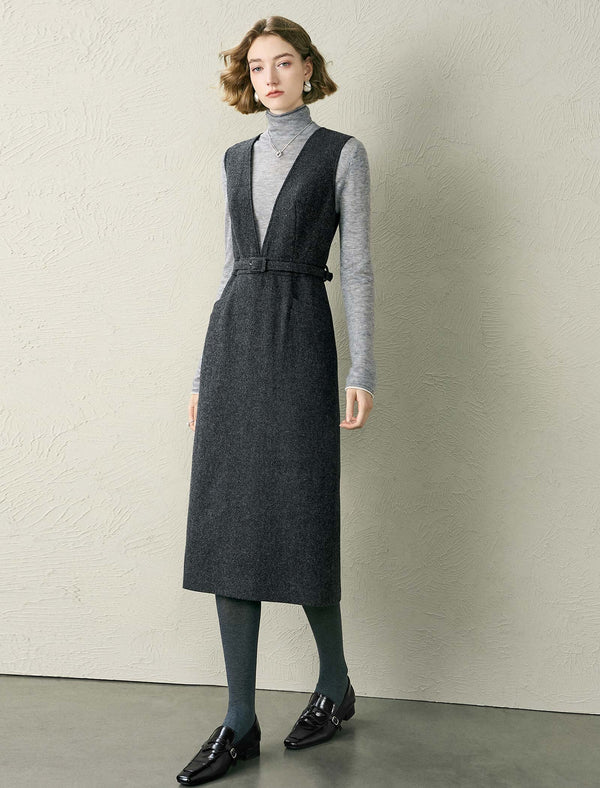 Wool Blend Deep V-Neck Sleeveless Dress