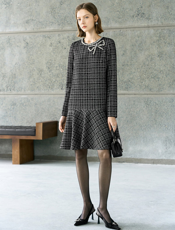 Tweed Plaid Bow Detail Dress