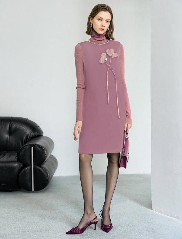 Wool Floral Detail Herringbone Sleeveless Shift Dress