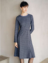 Beaded Crewneck Purple Check Fit Flare Dress