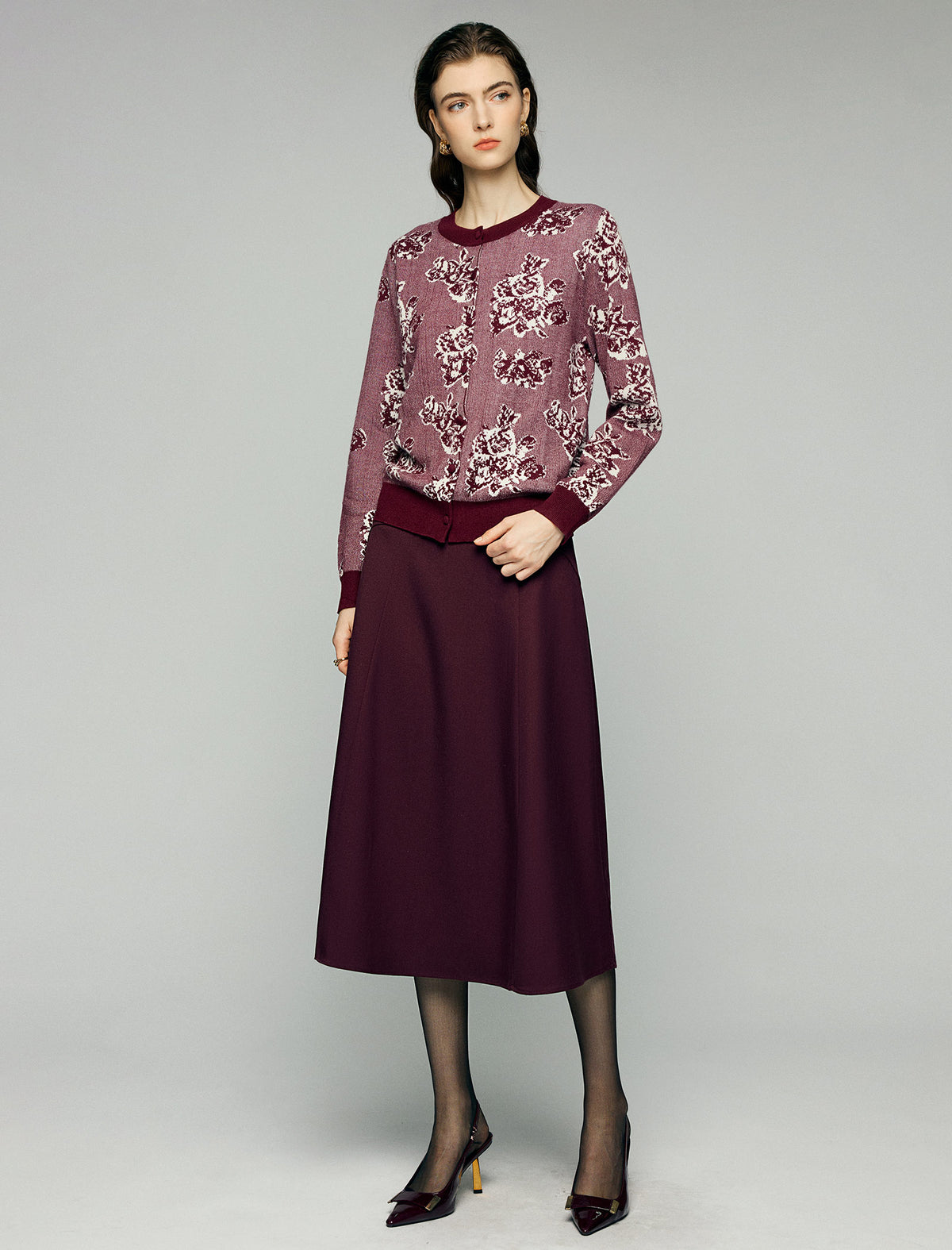 Wool Blend Floral Jacquard Crewneck Button-Front Cardigan