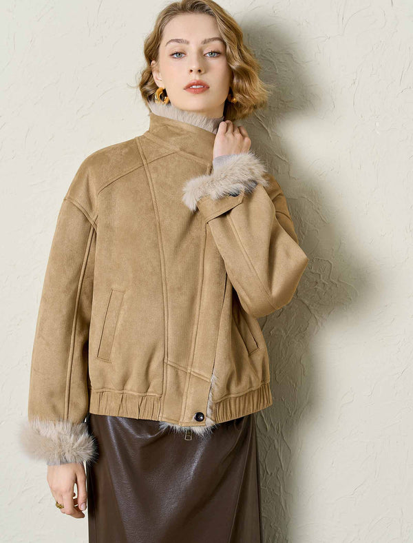 Faux Suede Fur Trim Cropped Jacket