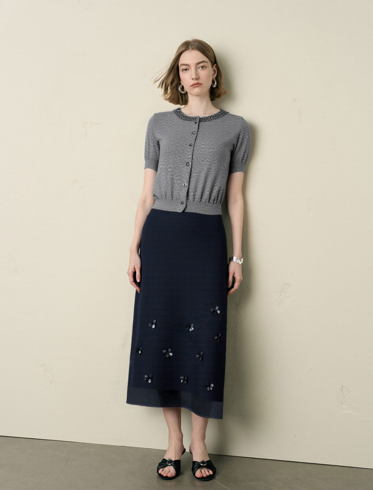 Navy 3D Floral Applique Mesh Hem High Waist Midi Skirt