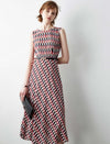 100% Silk Geometric Print Sleeveless Midi Dress