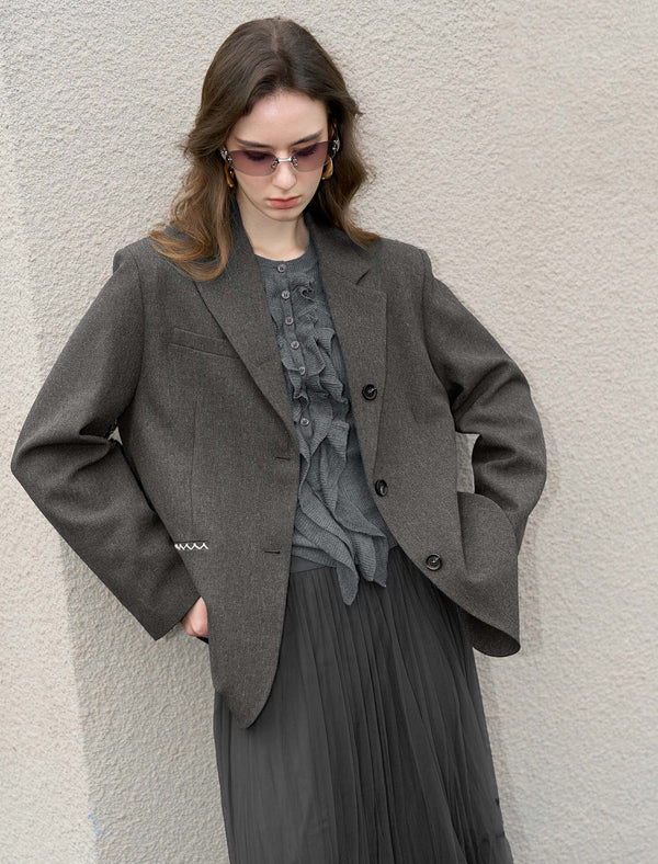 Contrast Stitching Charcoal Textured Blazer
