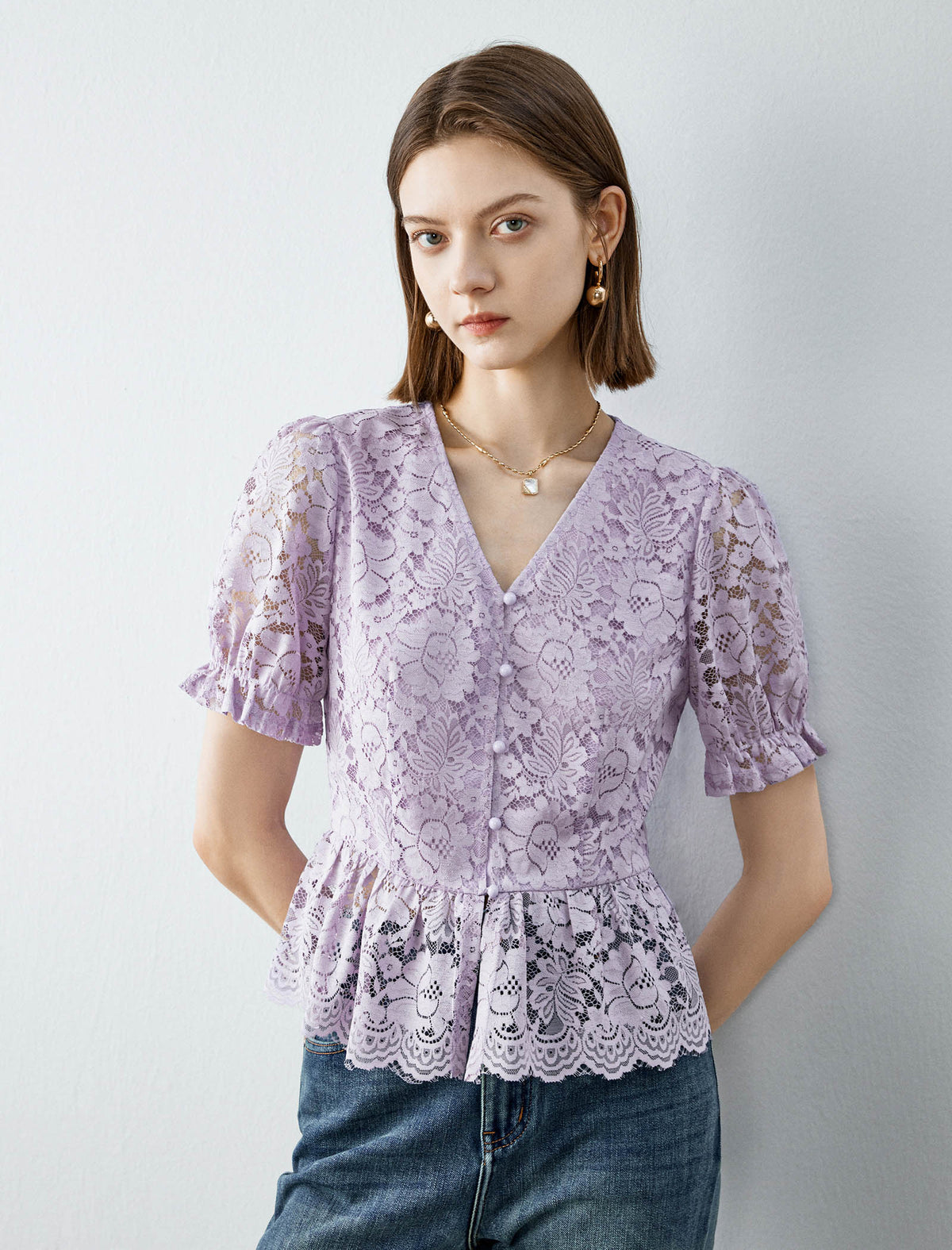 Lace V-Neck Ruffle Detail Puff Sleeve Top