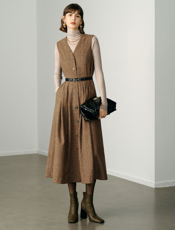 Wool V-Neck Minimalist Sleeveless Midi Dress