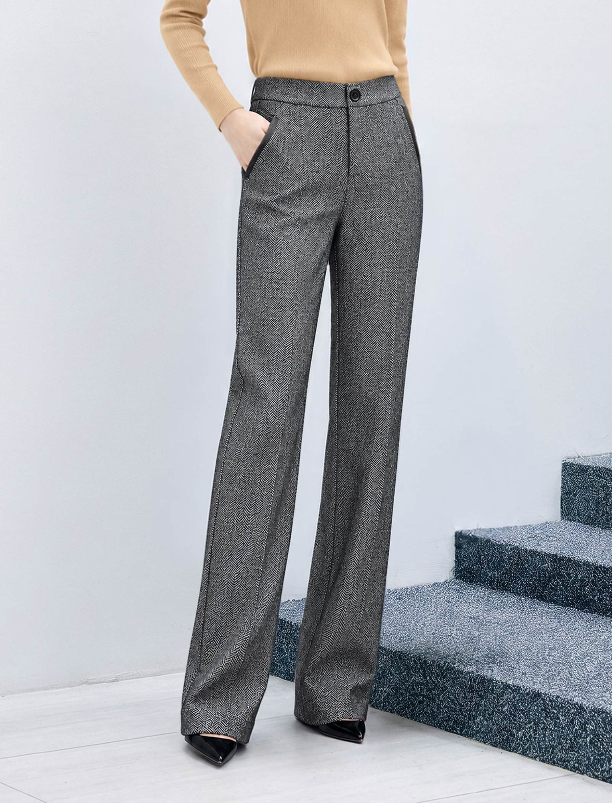 Wool Blend Herringbone Pocket Straight-Fit Straight-Leg Pants