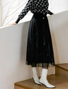 Black Bow Beaded Tulle Pleated Midi Skirt