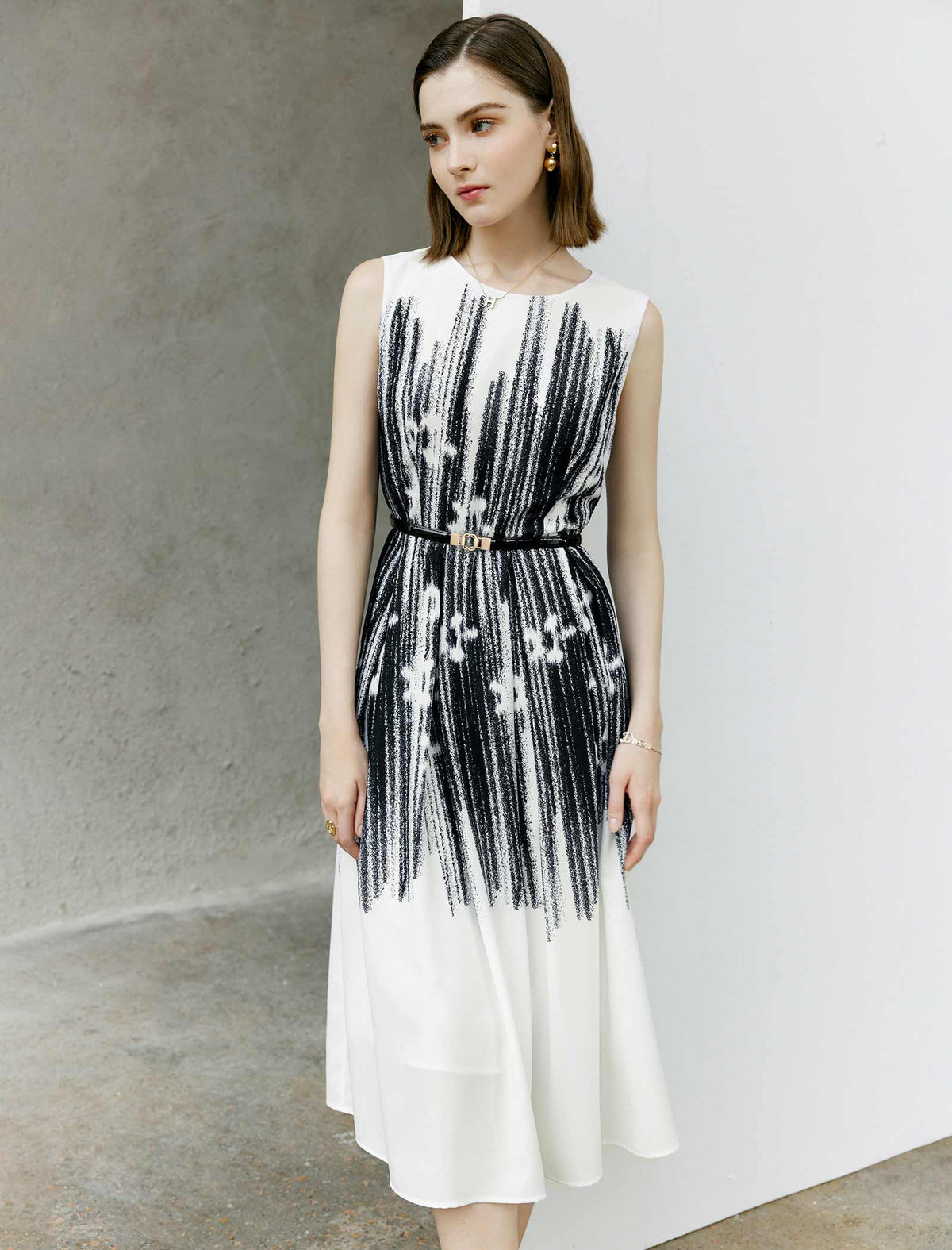 Printed Waist-Cinched Sleeveless Dress