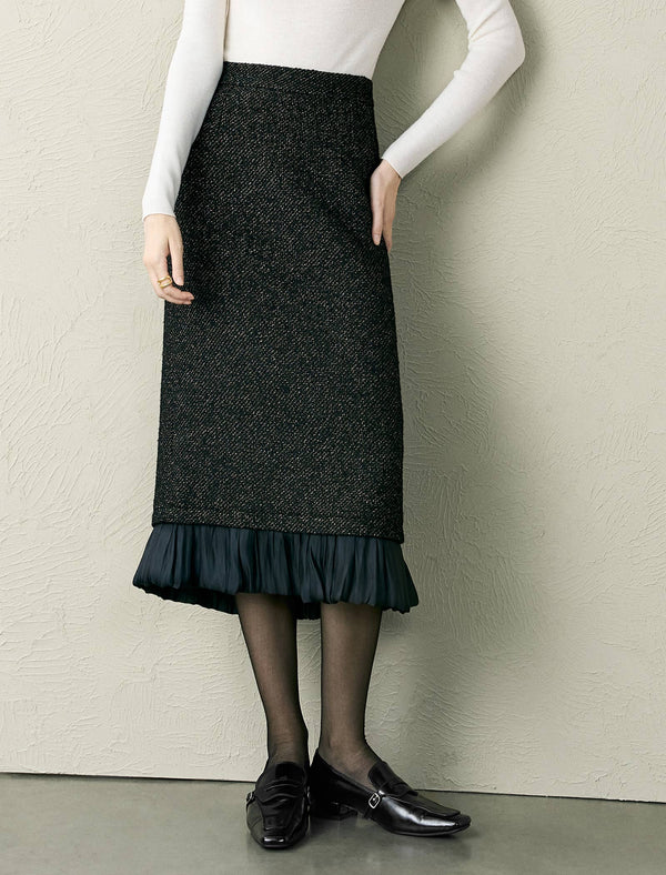 Black Tweed Wool-Blend Ruffle Hem Midi Skirt