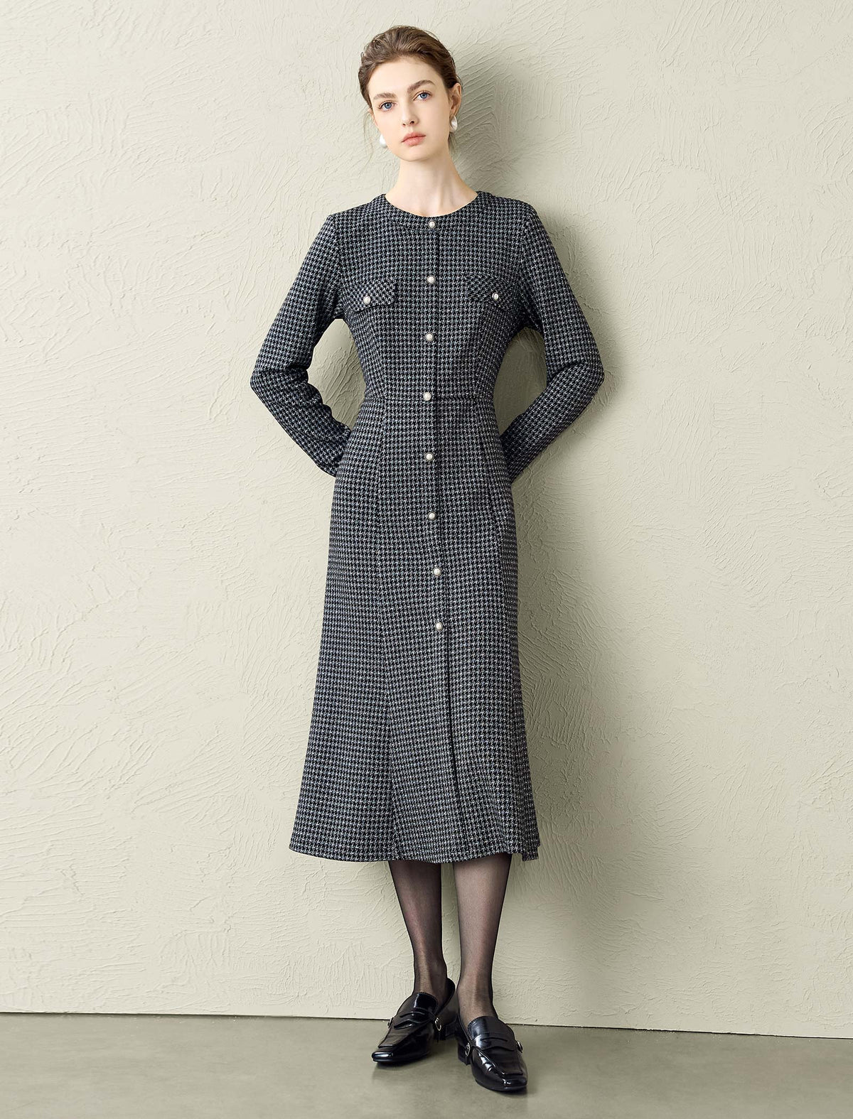 Fringe Tweed V-Neck Midi Dress