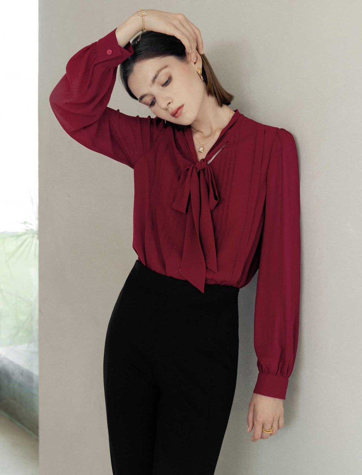 Burgundy Tie-Neck Blouse