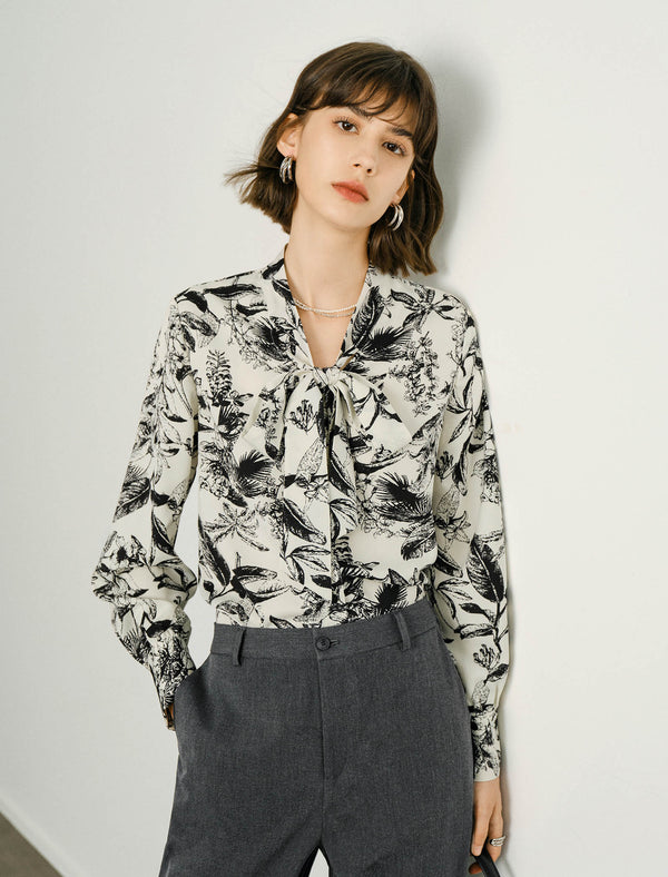 Botanical Print Bow Tie Blouse