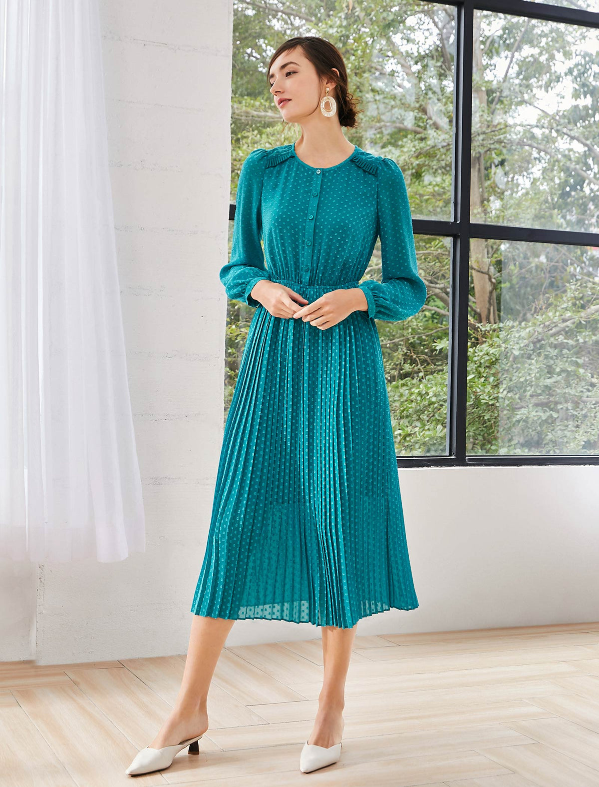 Teal Polka-Dot Pleated Midi Dress