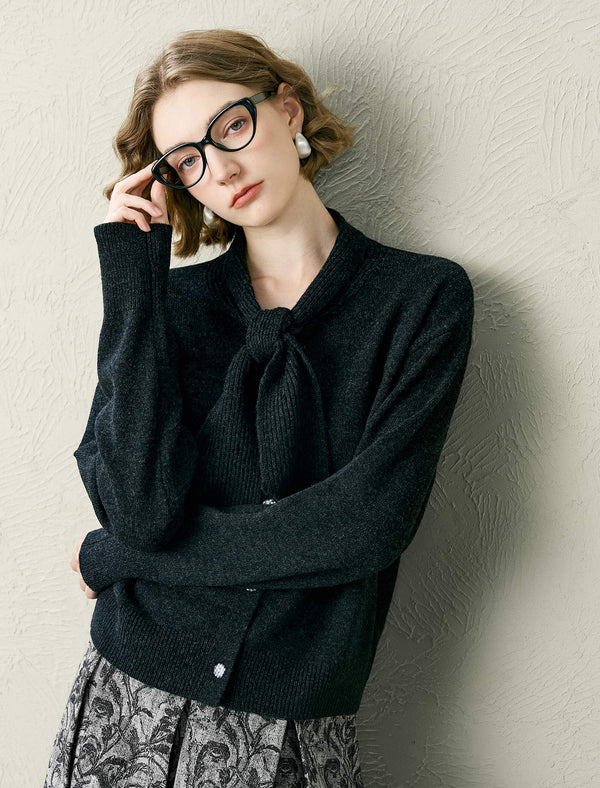 Tie-Neck 100% Wool Cardigan