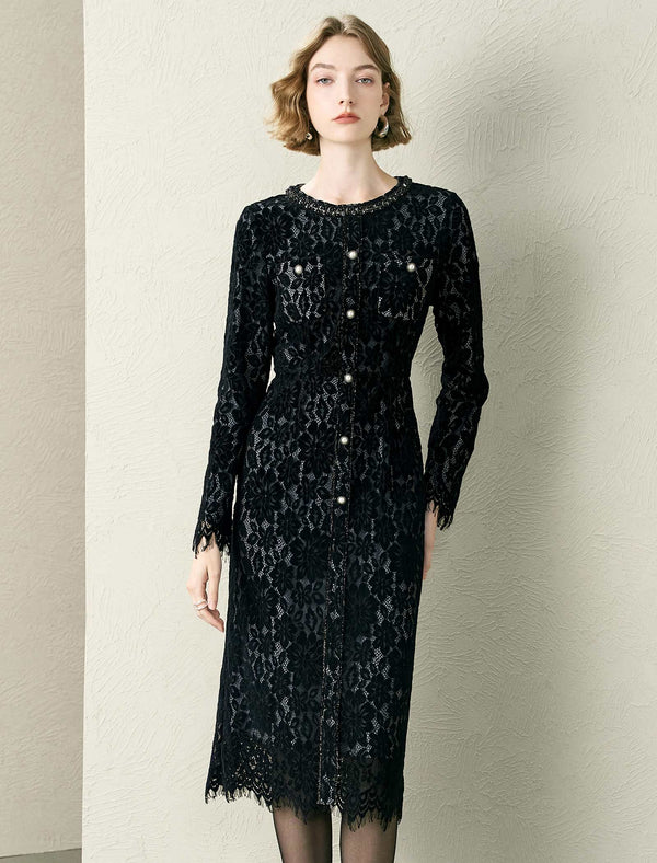 Black Lace Button Detail Midi Dress