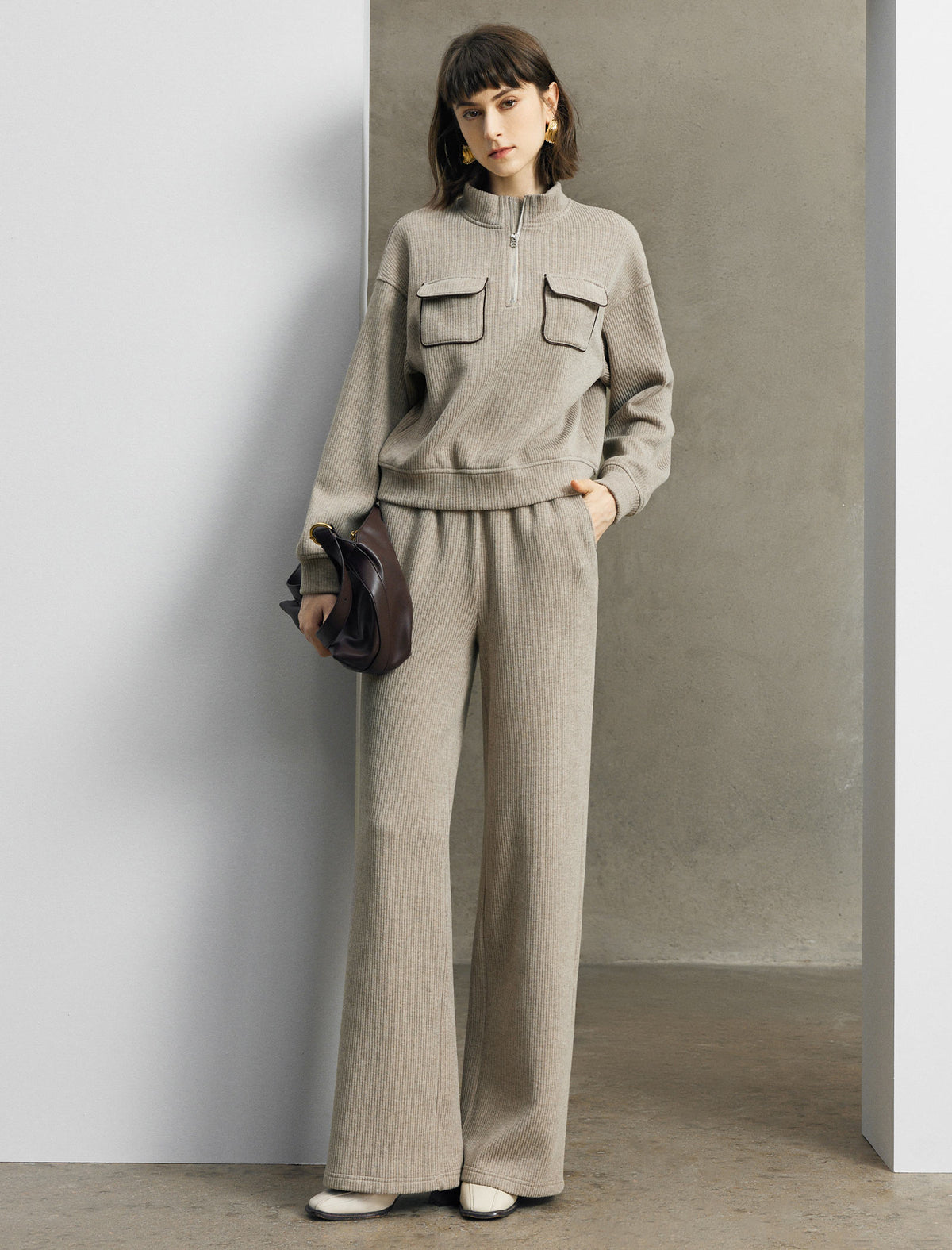 Stand-Collar Drop-Shoulder Half-Zip Relaxed Top