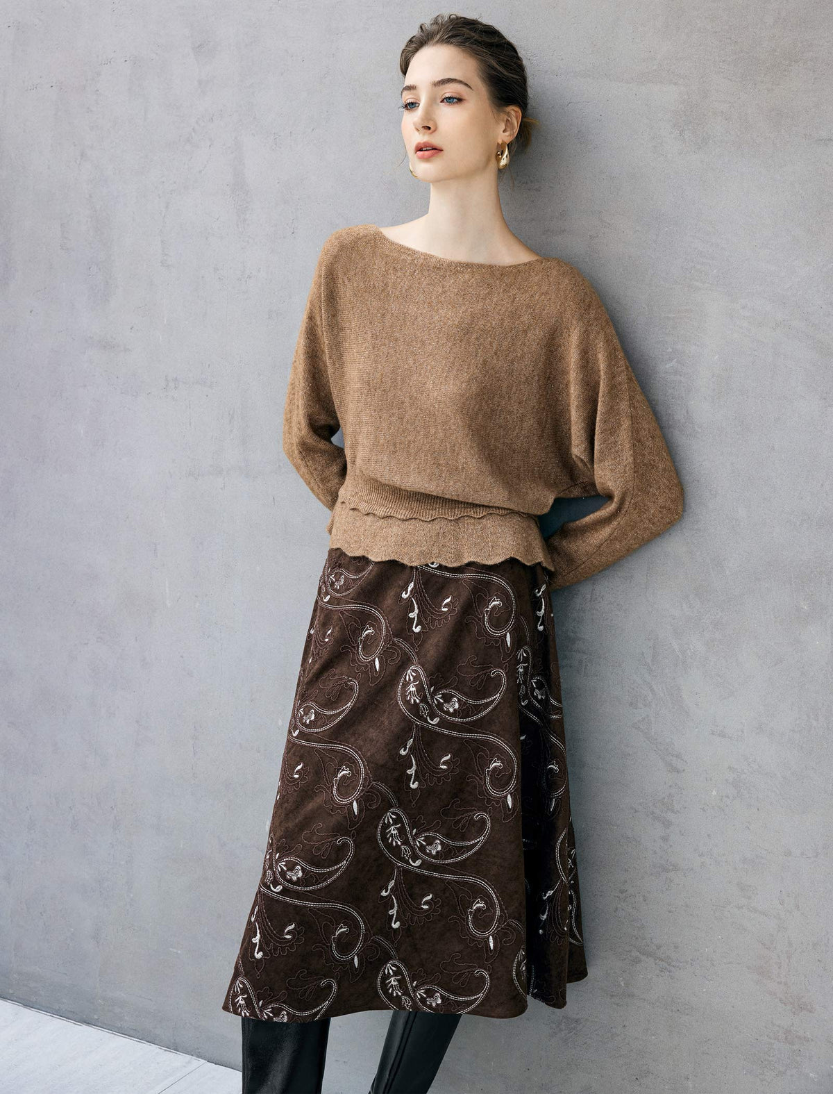Wool Blend Ruched Boatneck Drop-Shoulder Sweater
