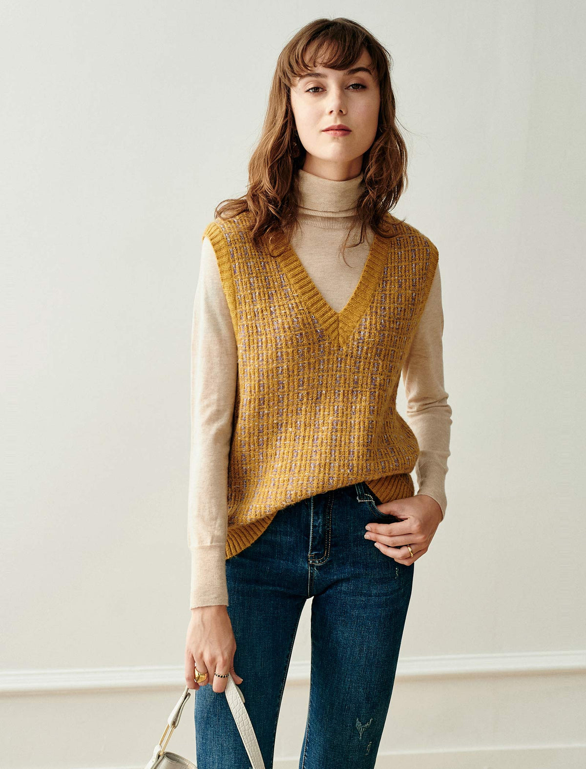 Wool Blend Textured Plaid V-Neck Sweater Vest