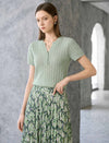 Wavy Openwork Tencel Linen Henley Knit Top