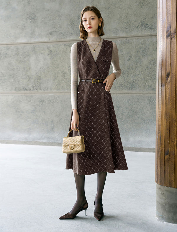 Brown Plaid V-Neck Belted Sleeveless Midi Dress