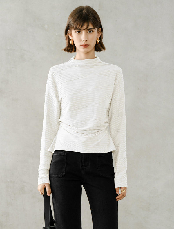 Ruched Slim Fit Mock Neck Long-Sleeve Knit Top