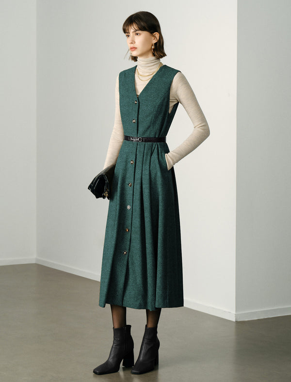 Wool V-Neck Minimalist Sleeveless Midi Dress