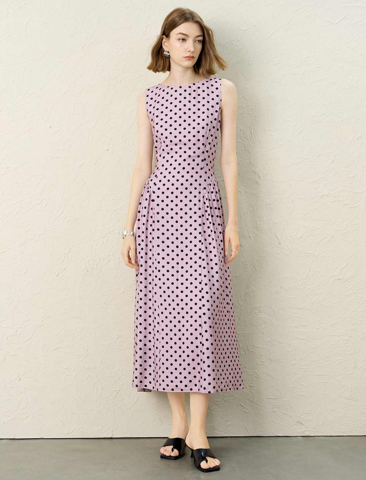 Light Pink Polka Dot Sleeveless Midi Dress