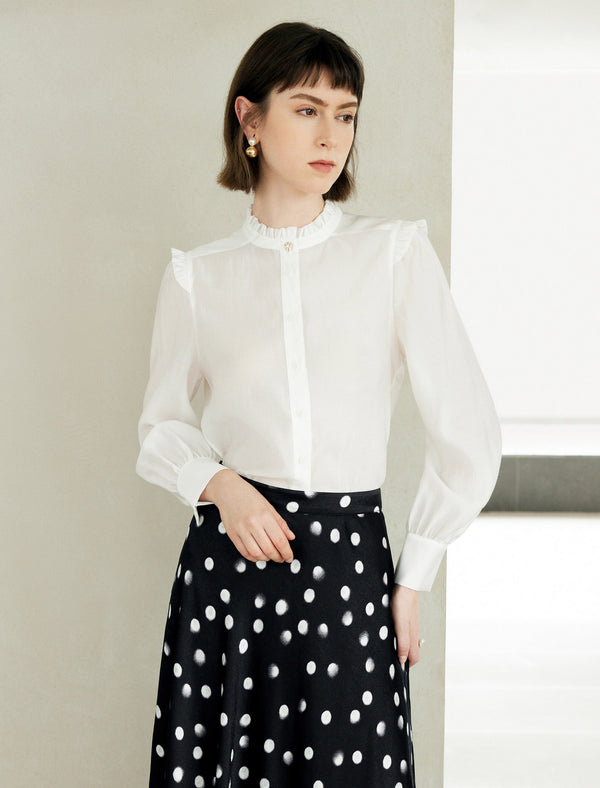 Elegant Ruffled Stand Collar Long-Sleeve Blouse
