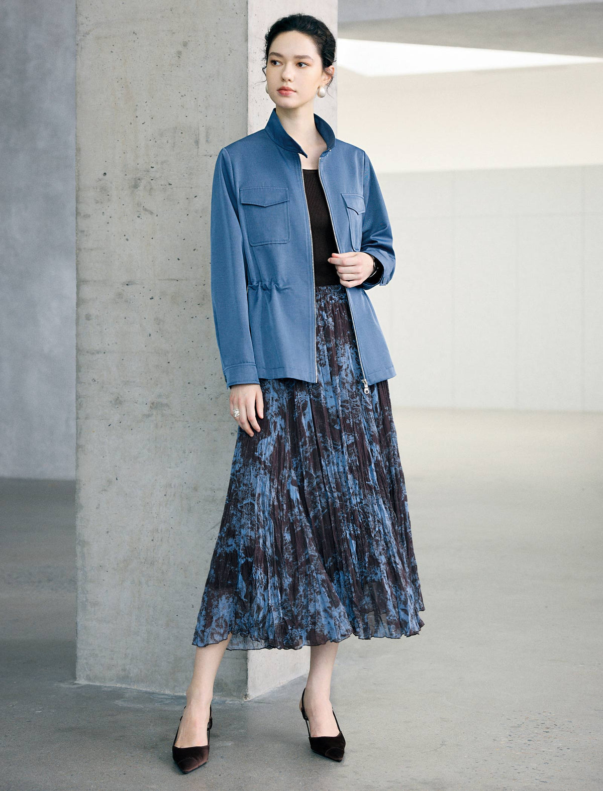 Drawstring-Waist Utility Jacket with Stand Collar