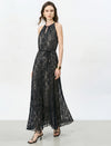 Black Sequin Floral Lace Halter Tie Waist Maxi Dress